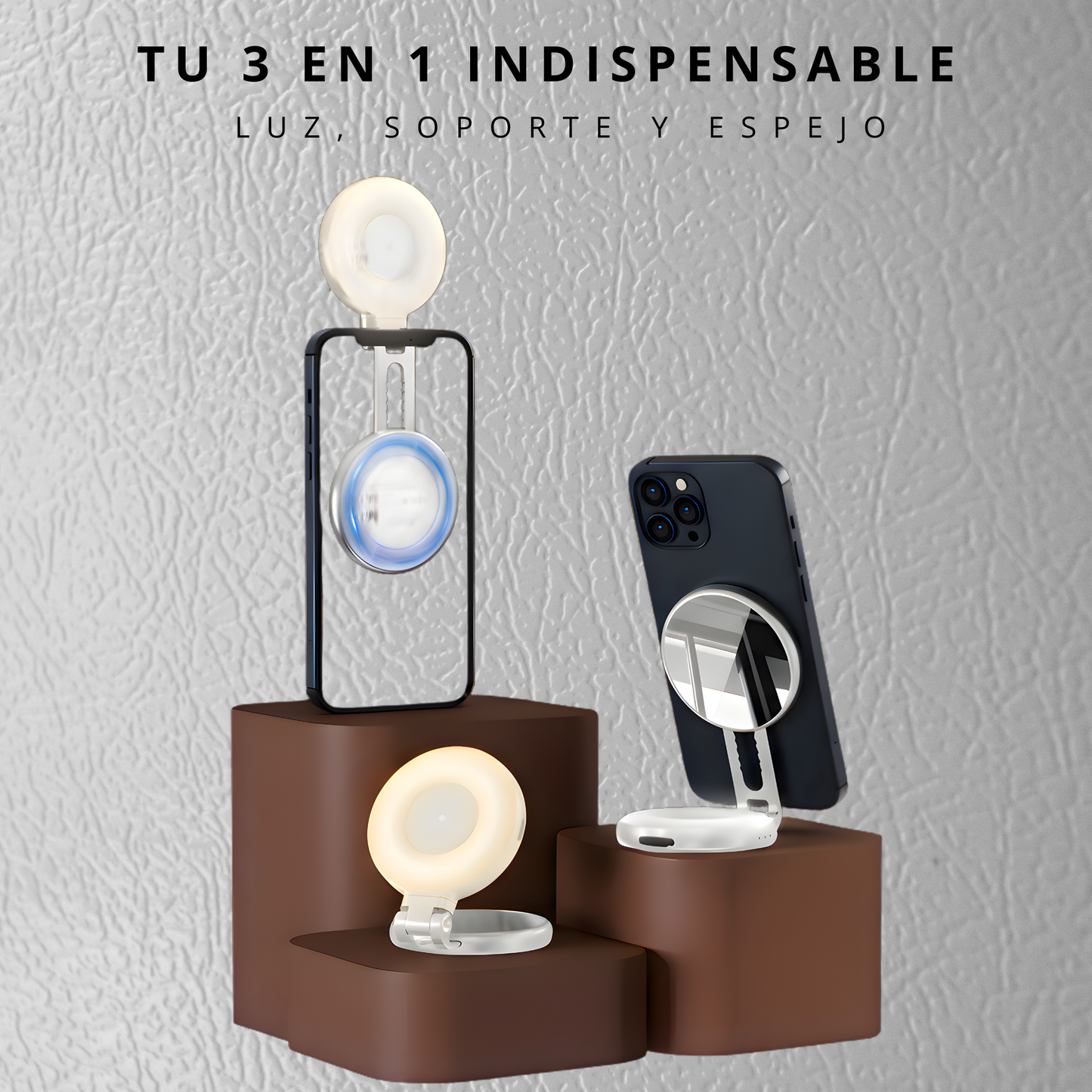 Soporte Magnético para móvil 3 en 1 con Luz LED y Espejo