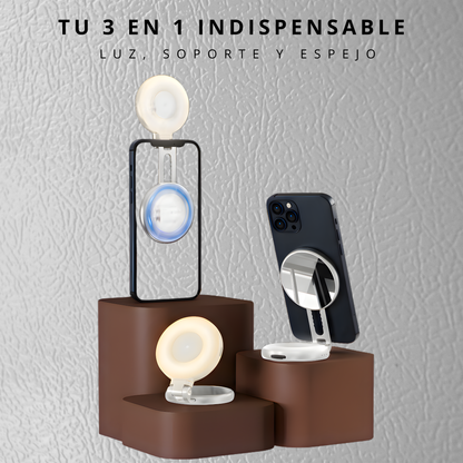 Soporte Magnético para móvil 3 en 1 con Luz LED y Espejo