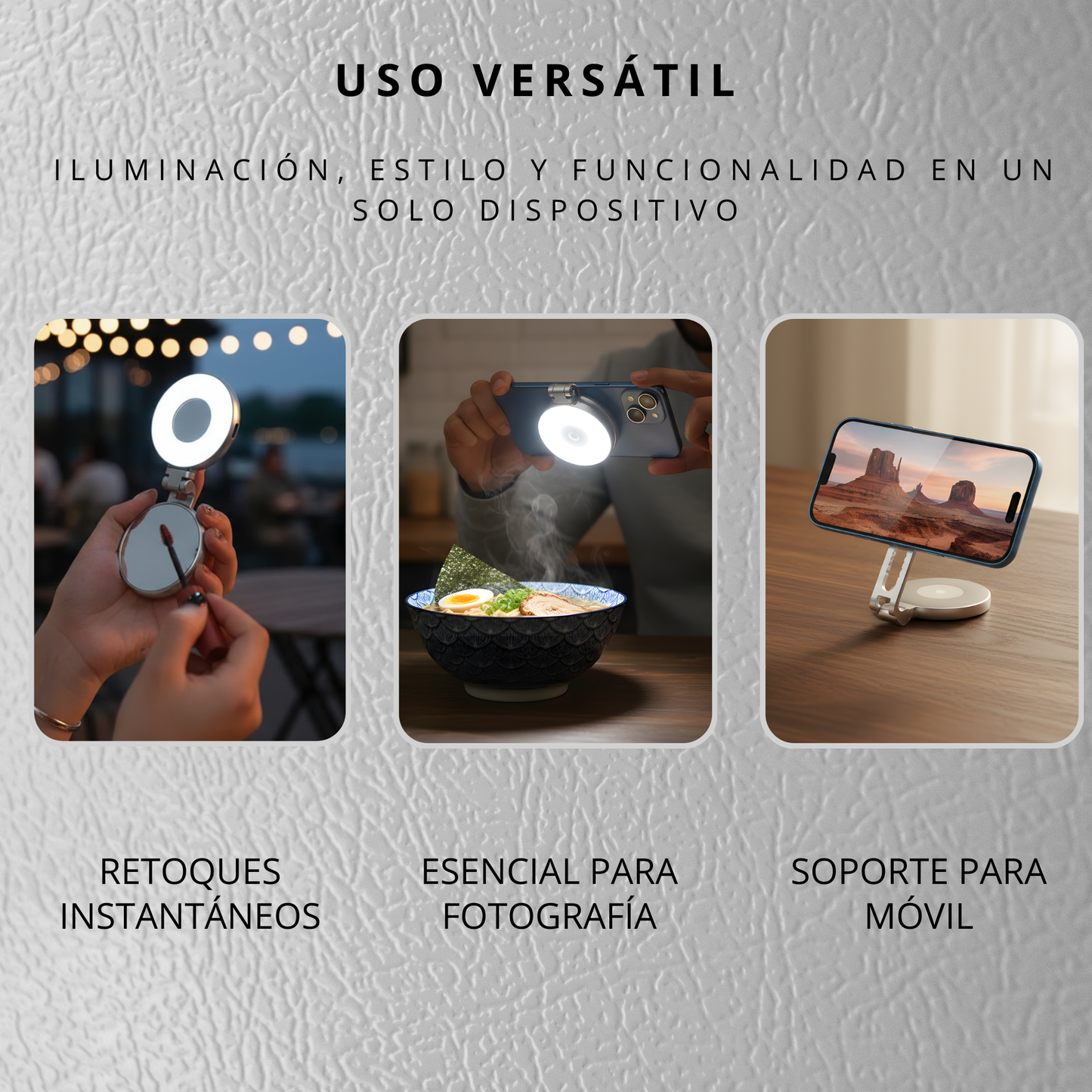 Soporte Magnético para móvil 3 en 1 con Luz LED y Espejo